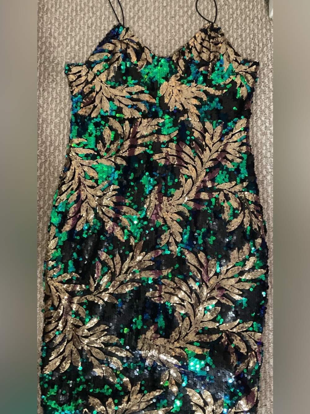 ASOS Black Dress with Green and Gold Sequin Leaf Design